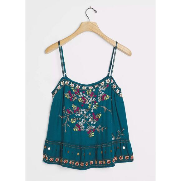 NWT Anthropologie Luzia Cropped Cami Embroidered Teal Floral Sz XL - Picture 1 of 13